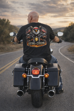 Patriotic Biker Eagle Shirt (Back Print) + Small Front Emblem - 250th Anniversary Motorcycle T-Shirt