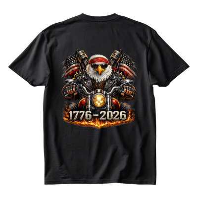 Patriotic Biker Eagle Shirt (Back Print) + Small Front Emblem - 250th Anniversary Motorcycle T-Shirt