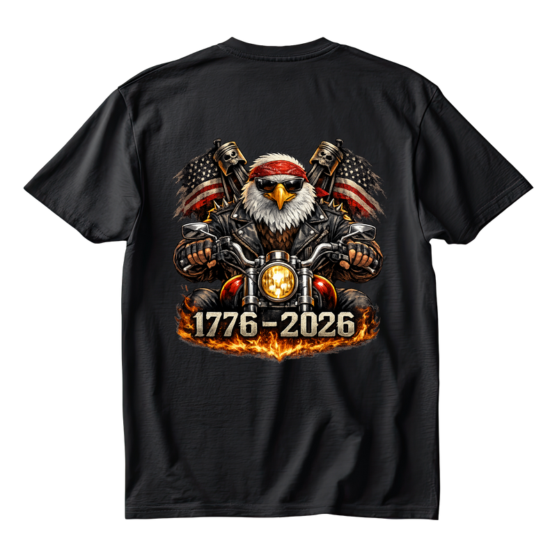 Patriotic Biker Eagle Shirt (Back Print) + Small Front Emblem - 250th Anniversary Motorcycle T-Shirt